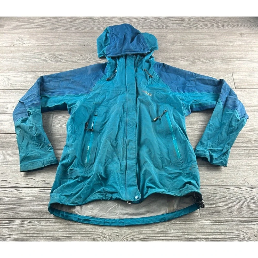 RAB Downpour Eco Womens Blue Waterproof Windbreaker Jacket Hooded Size Large
